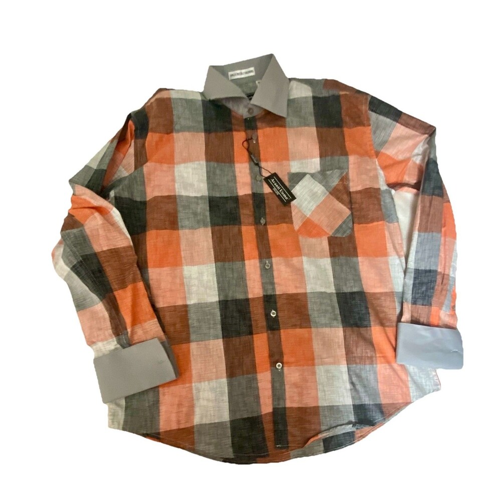 Avanti Uomo Mens Plaid Button Shirt L 16.5 Gray Orange Cotton New